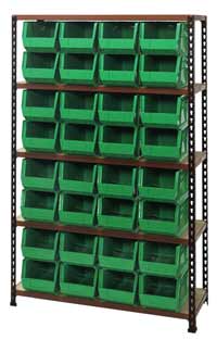 Extra Heavy Duty Boltless Particle Board Shelving with QUS24 Ultra Stack Containers Plastic Storage Bins