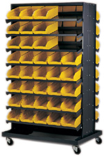 Sloped shelving systems with shelf bins